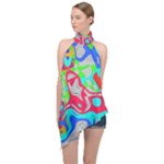 Colorful distorted shapes on a grey background                                                      Halter Asymmetric Satin Top