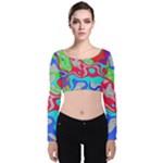 Colorful distorted shapes on a grey background                                                    Velvet Long Sleeve Crop Top