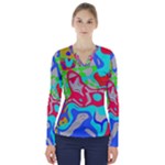 Colorful distorted shapes on a grey background                                                      V-Neck Long Sleeve Top