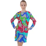 Colorful distorted shapes on a grey background                                                       Long Sleeve Hoodie Dress