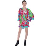 Colorful distorted shapes on a grey background                                                       V-Neck Flare Sleeve Mini Dress