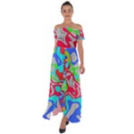 Colorful distorted shapes on a grey background                                                     Off Shoulder Open Front Chiffon Dress