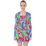 Colorful distorted shapes on a grey background                                                        V-neck Bodycon Long Sleeve Dress