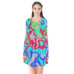 Colorful distorted shapes on a grey background                                                    Long Sleeve V-neck Flare Dress