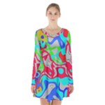 Colorful distorted shapes on a grey background                                                     Long Sleeve Velvet V-neck Dress