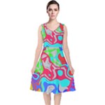 Colorful distorted shapes on a grey background                                                    V-Neck Midi Sleeveless Dress