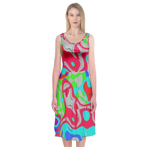 Colorful distorted shapes on a grey background                                                    Midi Sleeveless Dress from ArtsNow.com