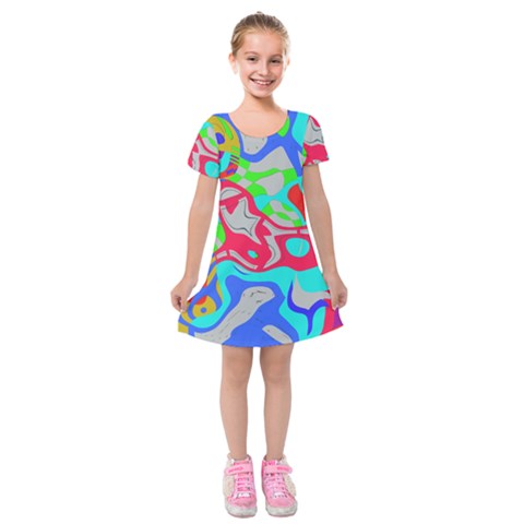 Colorful distorted shapes on a grey background                                                         Kids  Short Sleeve Velvet Dress from ArtsNow.com