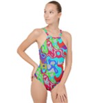 Colorful distorted shapes on a grey background                                                    High Neck One Piece Swimsuit