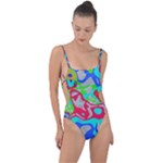 Colorful distorted shapes on a grey background                                                     Tie Strap One Piece Swimsuit