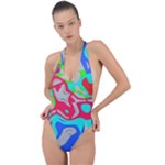 Colorful distorted shapes on a grey background                                                    Backless Halter One Piece Swimsuit