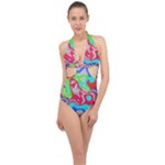 Colorful distorted shapes on a grey background                                                     Halter Front Plunge Swimsuit