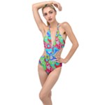 Colorful distorted shapes on a grey background                                                     Plunging Cut Out Swimsuit