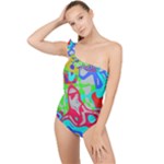 Colorful distorted shapes on a grey background                                                     Frilly One Shoulder Swimsuit