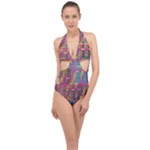 Colorful shapes texture                                                   Halter Front Plunge Swimsuit