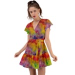 Colorful watercolors texture                                                    Flutter Sleeve Wrap Dress