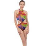 Colorful watercolors texture                                                   Halter Side Cut Swimsuit