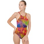 Colorful watercolors texture                                                   High Neck One Piece Swimsuit