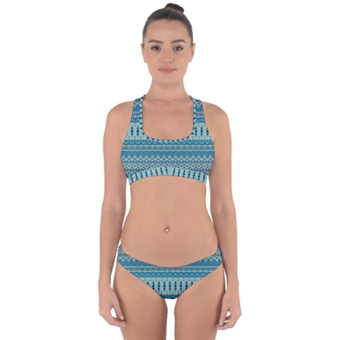 Boho Blue Teal Striped Cross Back Hipster Bikini Set from ArtsNow.com