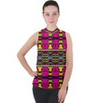 Pink yellow green shapes                                                     Mock Neck Chiffon Sleeveless Top