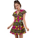 Pink yellow green shapes                                                       Flutter Sleeve Wrap Dress