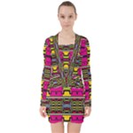 Pink yellow green shapes                                                          V-neck Bodycon Long Sleeve Dress