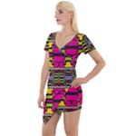 Pink yellow green shapes                                                     Short Sleeve Asymmetric Mini Dress