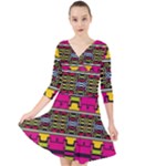 Pink yellow green shapes                                                         Quarter Sleeve Front Wrap Dress