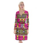 Pink yellow green shapes                                                           Long Sleeve Velvet Front Wrap Dress