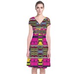 Pink yellow green shapes                                                       Short Sleeve Front Wrap Dress