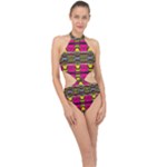 Pink yellow green shapes                                                      Halter Side Cut Swimsuit