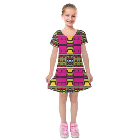 Pink yellow green shapes                                                           Kids  Short Sleeve Velvet Dress from ArtsNow.com