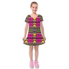 Pink yellow green shapes                                                           Kids  Short Sleeve Velvet Dress from ArtsNow.com