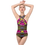 Pink yellow green shapes                                                      Cross Front Low Back Swimsuit