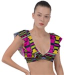 Pink yellow green shapes                                                       Plunge Frill Sleeve Bikini Top