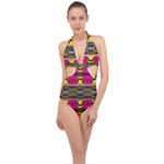 Pink yellow green shapes                                                       Halter Front Plunge Swimsuit