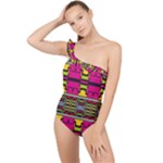 Pink yellow green shapes                                                       Frilly One Shoulder Swimsuit