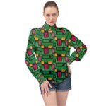 Rectangles on a green background                                                      High Neck Long Sleeve Chiffon Top