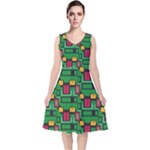 Rectangles on a green background                                                       V-Neck Midi Sleeveless Dress