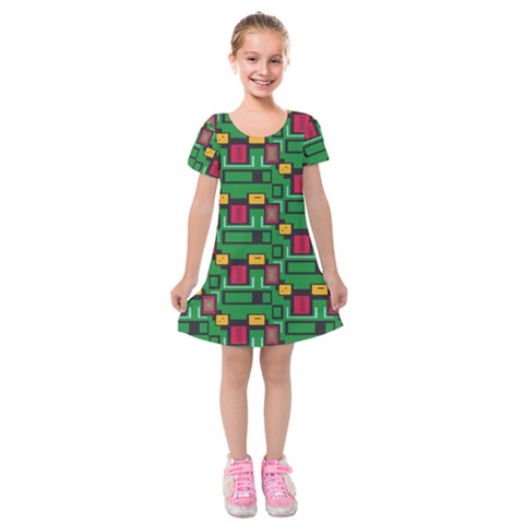 Rectangles on a green background                                                            Kids  Short Sleeve Velvet Dress from ArtsNow.com