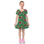 Rectangles on a green background                                                            Kids  Short Sleeve Velvet Dress