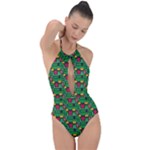 Rectangles on a green background                                                        Plunge Cut Halter Swimsuit