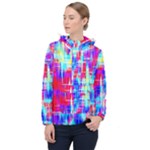 Red blue messy stripes                                                         Women Hooded Front Pocket Windbreaker