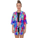 Red blue messy stripes                                                        Open Front Chiffon Kimono