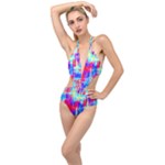 Red blue messy stripes                                                         Plunging Cut Out Swimsuit