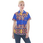 Yellow red shapes on a blue background                                                        Women s Short Sleeve Pocket Shirt