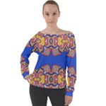 Yellow red shapes on a blue background                                                        Off Shoulder Long Sleeve Velour Top