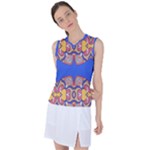 Yellow red shapes on a blue background                                                         Women s Sleeveless Mesh Sports Top