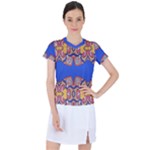 Yellow red shapes on a blue background                                                        Women s Mesh Sports Top