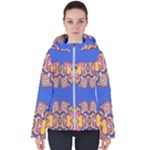 Yellow red shapes on a blue background                                                         Women s Hooded Puffer Jacket